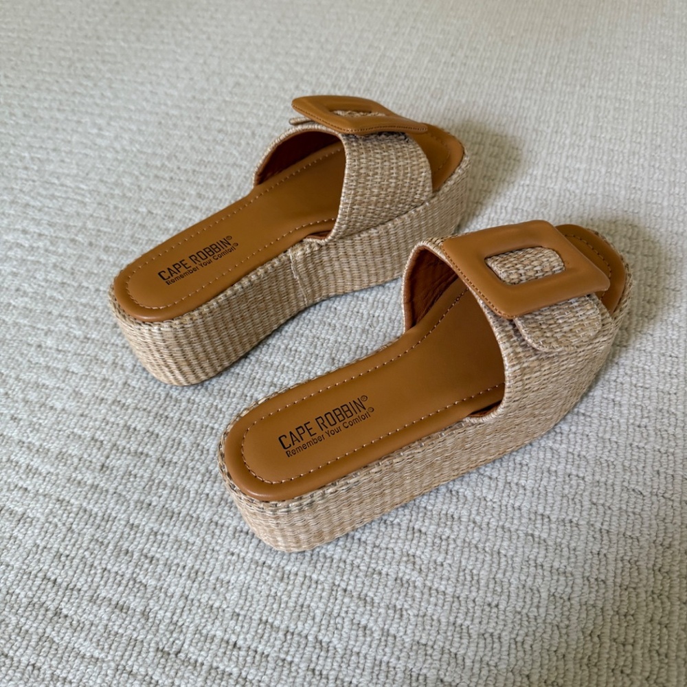 Cape Robbin Raffia Platform Slides - image 3